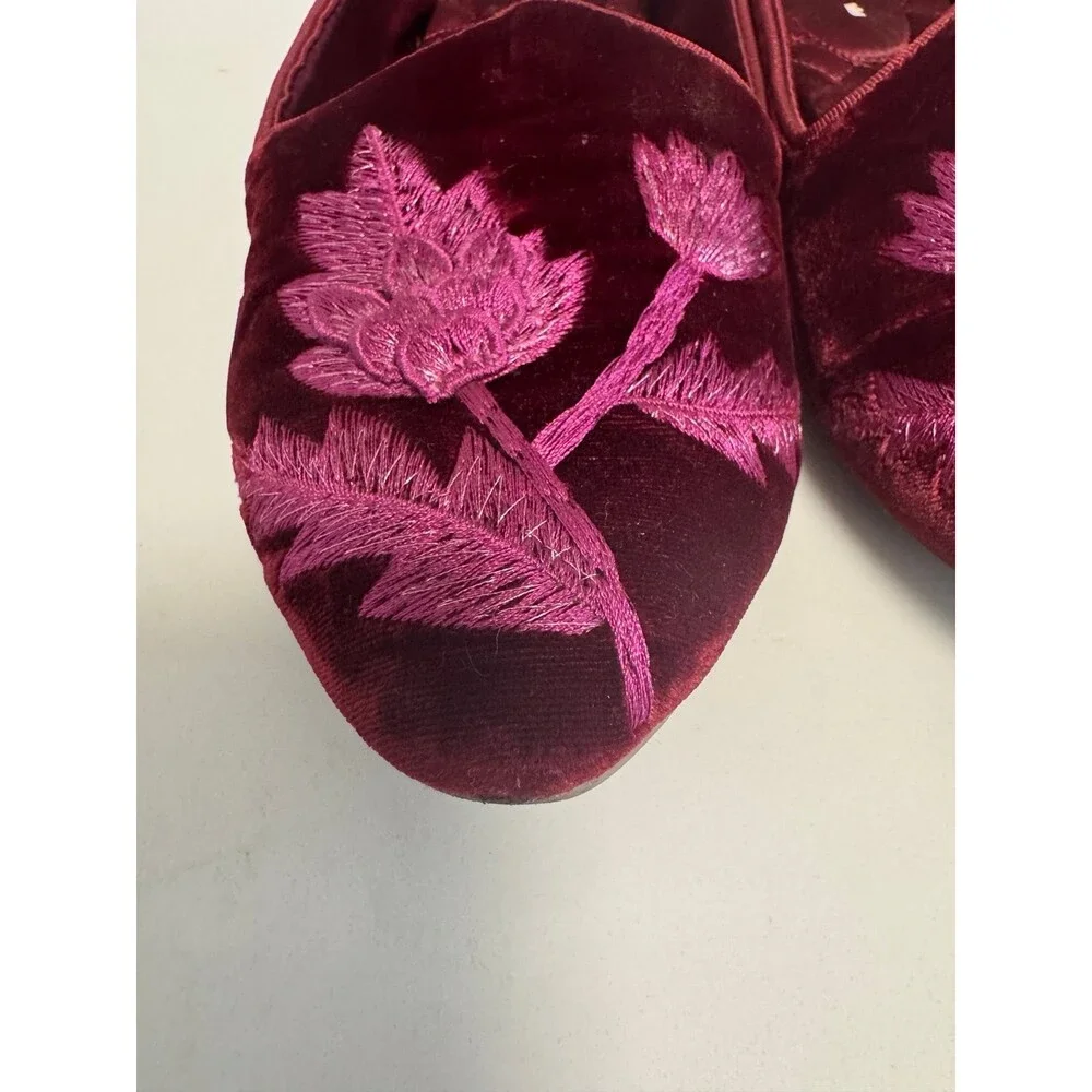 Birdies Heron Embroidered Flat in Crimson Velvet, featuring metallic floral - Picture 4 of 9